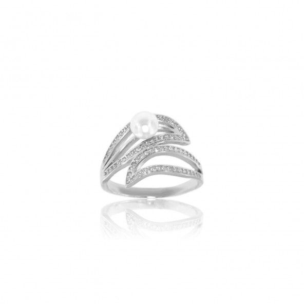 Bague deux feuilles Argent 925/1000 Zircon et Perle Blanche