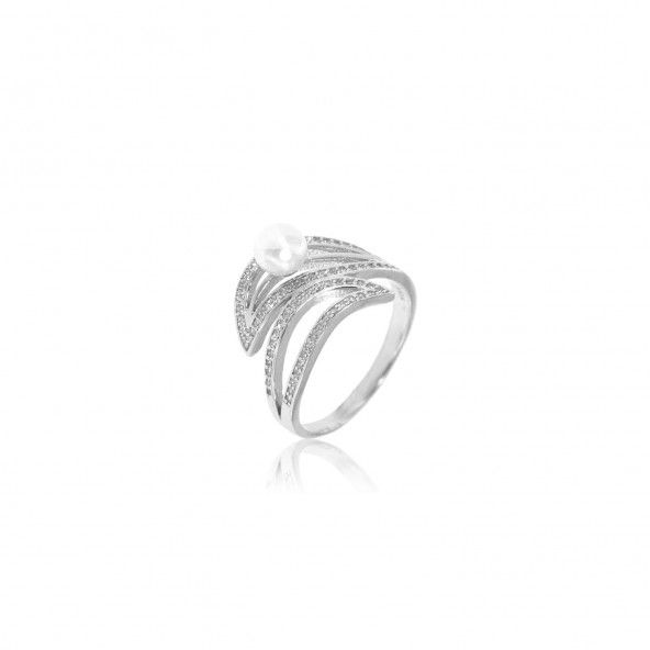 Bague deux feuilles Argent 925/1000 Zircon et Perle Blanche