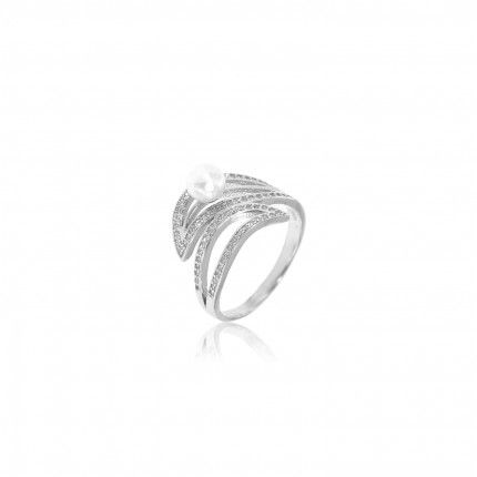 Bague deux feuilles Argent 925/1000 Zircon et Perle Blanche