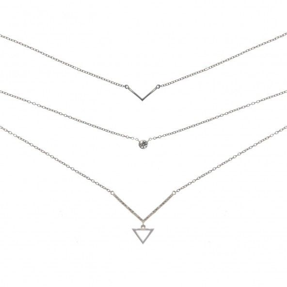 Collier Argent 925/1000 3 chanes avec Pendentifs Triangle, solitaire Zircon et V