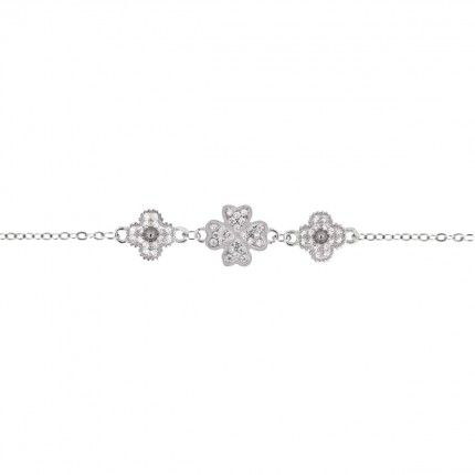 Bracelet Flowers and Trelfle with four leaves Silver 925/1000 and Zirconium stones