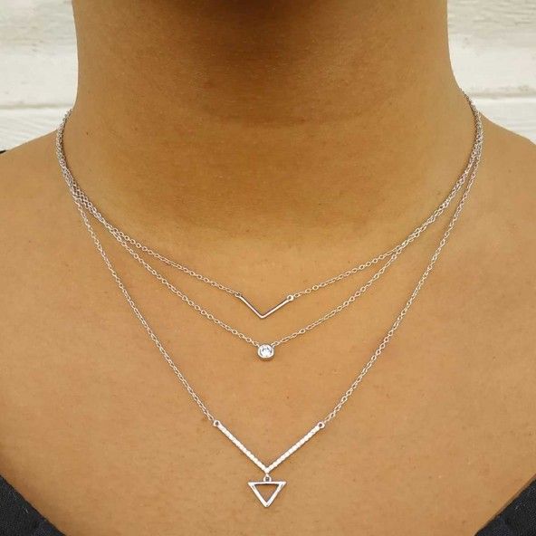 Collier Argent 925/1000 3 chanes avec Pendentifs Triangle, solitaire Zircon et V