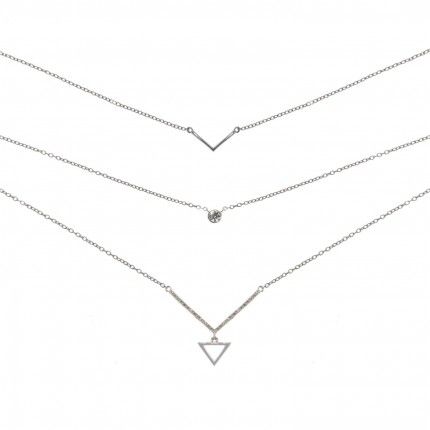 Collier Argent 925/1000 3 chanes avec Pendentifs Triangle, solitaire Zircon et V