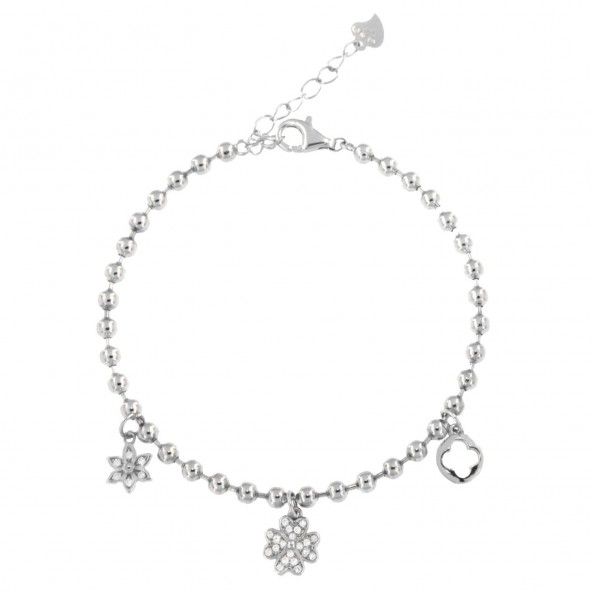 Bracelet en Argent 925/1000 avec pendentifs fleurs et Trfle  quatre feuilles