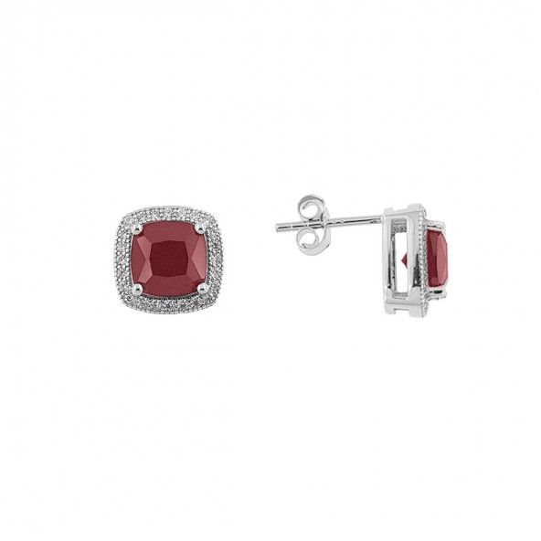 Brincos Solitrio Prata 925/1000 quadrado com Zircnia grande Rosa e pequenas Brancas 8 mm