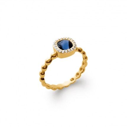 Bague Solitaire avec Pierre Zirconium 9mm et Petite Pierres bleues