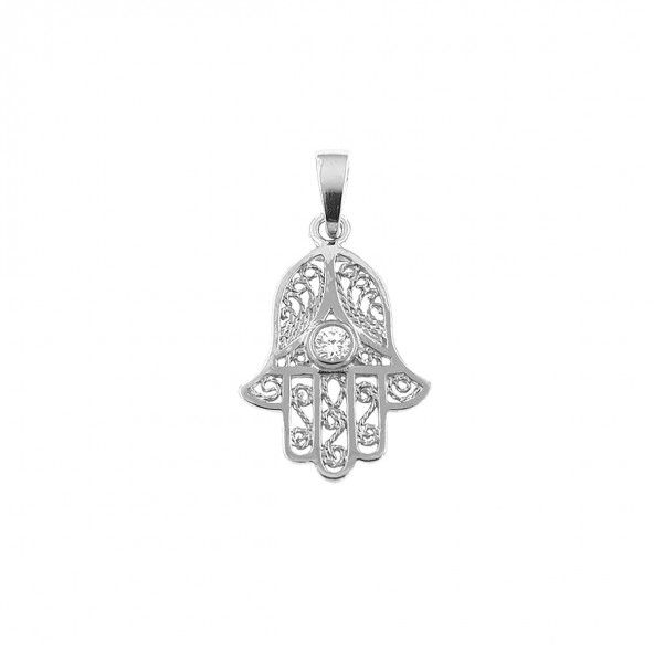 925/1000 Silver Pendant Hand of Fatima filigree with white Zirconia 23mm.