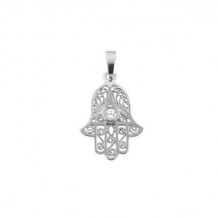 925/1000 Silver Pendant Hand of Fatima filigree with white Zirconia 23mm.