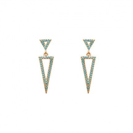 Gold Plated Earings Triangle shape  with blue stone 7mm / 30mm.