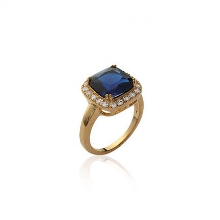 Gold Plated square Solitary with blue and white Zirconia 14mm.