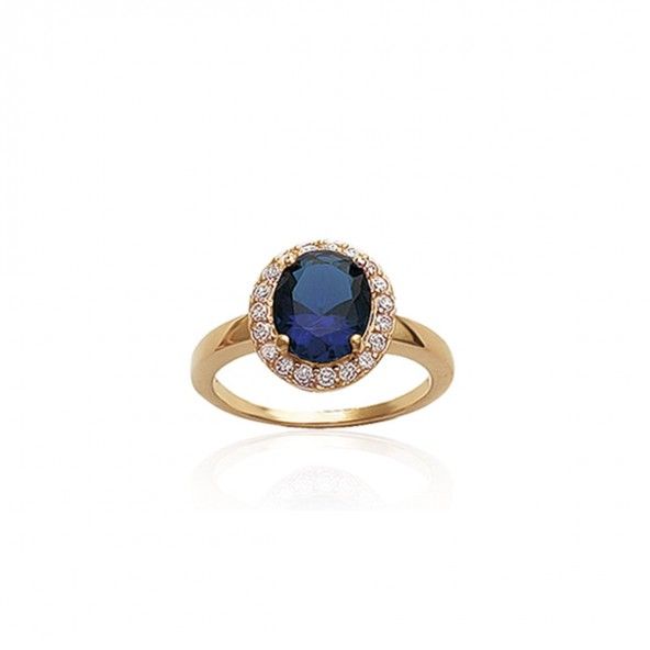 Gold Plated Solitary Ring Blue and White Zirconia 13mm.