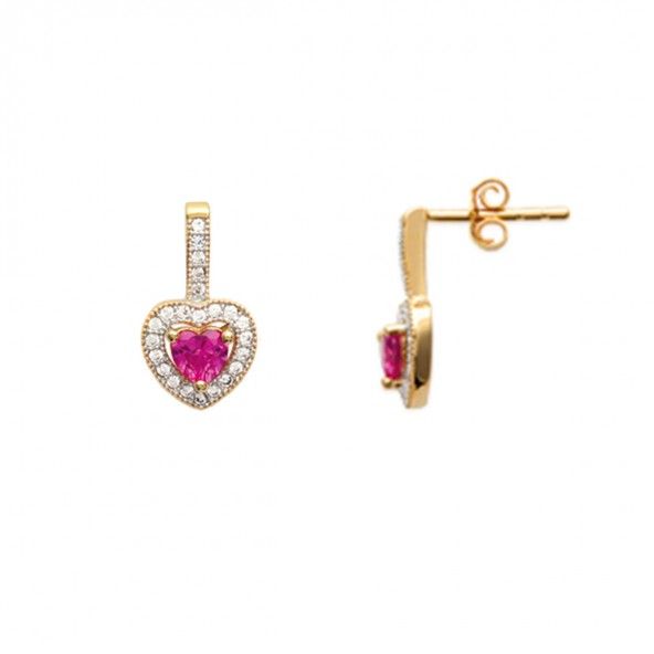 Gold plated Earrings pendant heart shape with pink zirconia in the middle and white 8mm.