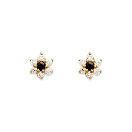 Gold plated Earrings flower shape with blue zirconia in the middle and white 13mm.