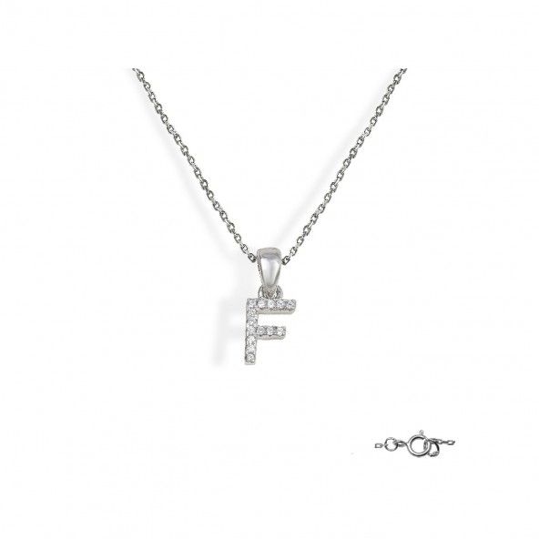 Letter F Necklace in 925/1000 Silver with 6x10 mm Zirconia