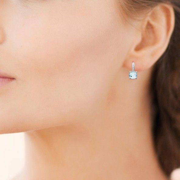 Boucles d'Oreilles Pendantes avec Pierres Zirconium Bleu Ciel 6 mm