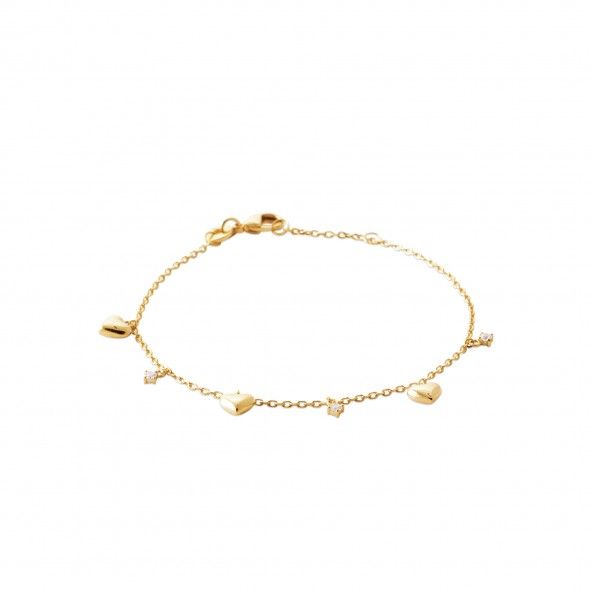 Bracelet with Hearts and Zirconia Stones Gold-plated 18cm