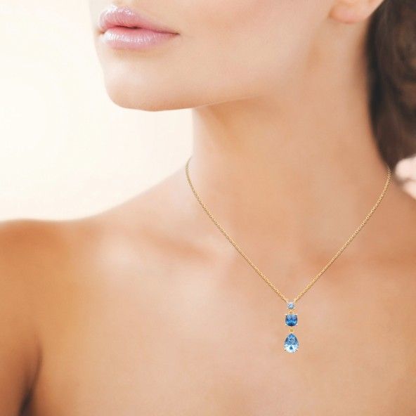 Gold-plated Necklace 45cm with Zirconium Stone and Two Blue Stones, one Square and one Drop-shaped