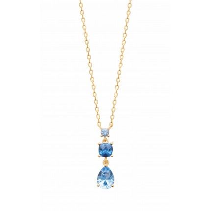 Gold-plated Necklace 45cm with Zirconium Stone and Two Blue Stones, one Square and one Drop-shaped