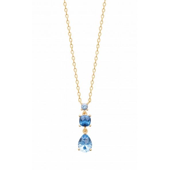 Gold-plated Necklace 45cm with Zirconium Stone and Two Blue Stones, one Square and one Drop-shaped