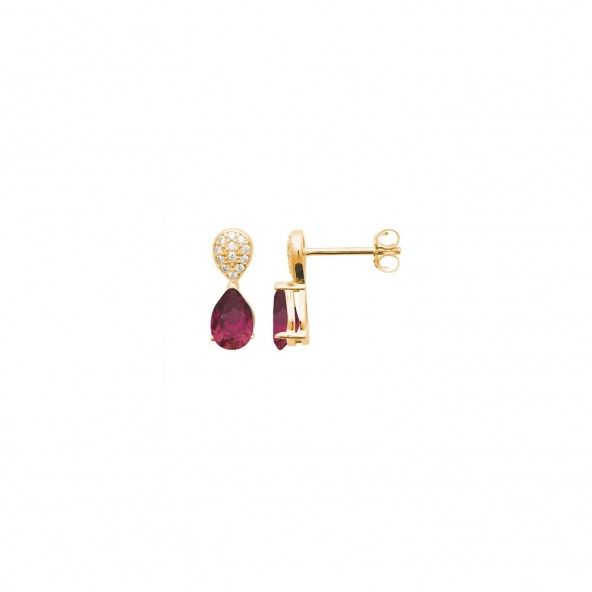 Boucle d'oreille plaque or avec Zirconium Rouge et Zirconium