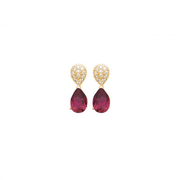 Boucle d'oreille plaque or avec Zirconium Rouge et Zirconium