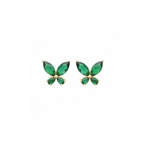 Boucles d'oreilles plaques or avec une pierre verte en forme de papillon