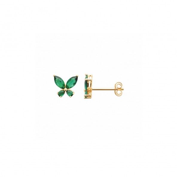 Boucles d'oreilles plaques or avec une pierre verte en forme de papillon