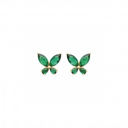 Boucles d'oreilles plaques or avec une pierre verte en forme de papillon